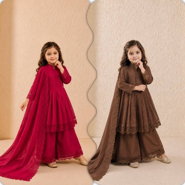 Transformative Brown Designer Girls Ethnic Wear Set with Fancy Moti Hand Work for Festivals Girls Wear