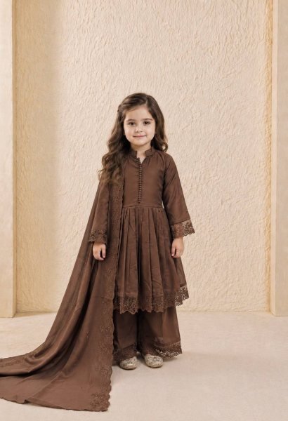 Transformative Brown Designer Girls Ethnic Wear Set with Fancy Moti Hand Work for Festivals Girls Wear