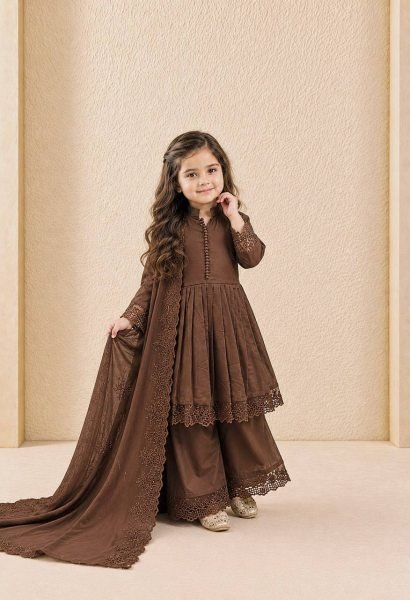 Transformative Brown Designer Girls Ethnic Wear Set with Fancy Moti Hand Work for Festivals Girls Wear