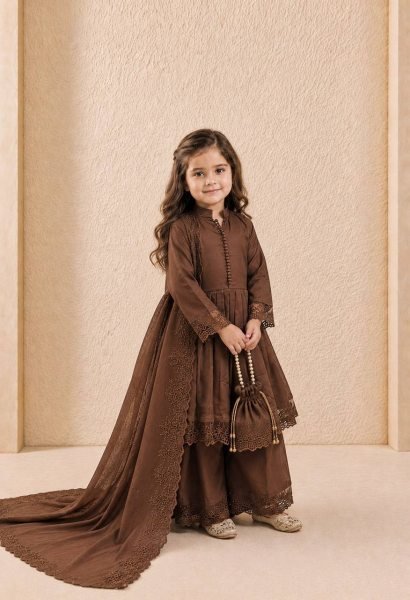 Transformative Brown Designer Girls Ethnic Wear Set with Fancy Moti Hand Work for Festivals Girls Wear
