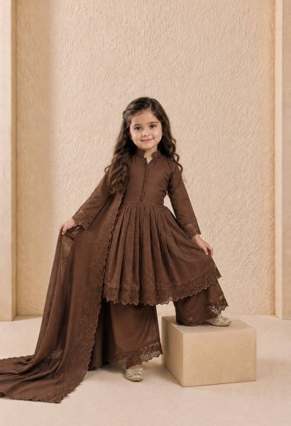 Transformative Brown Designer Girls Ethnic Wear Set with Fancy Moti Hand Work for Festivals Girls Wear