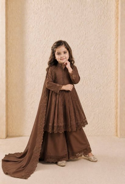 Transformative Brown Designer Girls Ethnic Wear Set with Fancy Moti Hand Work for Festivals Girls Wear