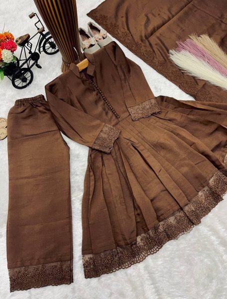 Transformative Brown Designer Girls Ethnic Wear Set with Fancy Moti Hand Work for Festivals Girls Wear