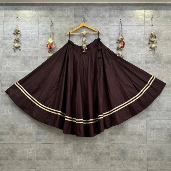Transformative Brown Rayon Cotton Flared Chaniya with Double Golden Lace Border Navratri Lehnega Choli