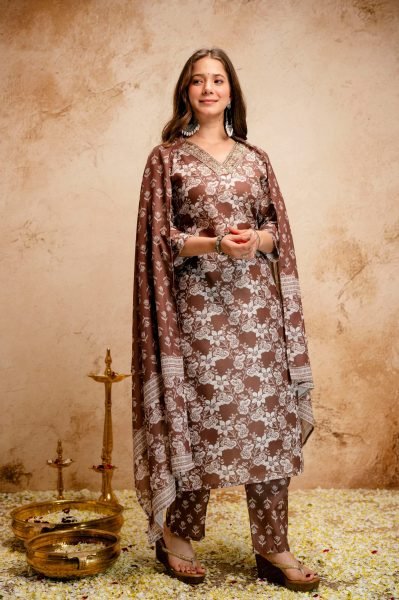 Transformative Brown Summer Special Magic Cotton Kurti Pant Dupatta Set   Straight Cut Long Kurtis
