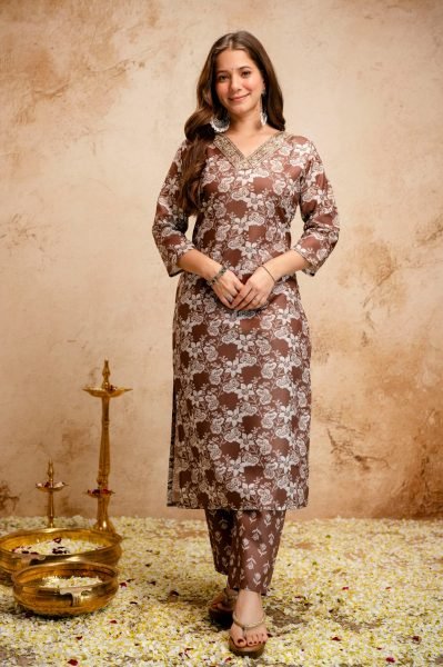 Transformative Brown Summer Special Magic Cotton Kurti Pant Dupatta Set   Straight Cut Long Kurtis