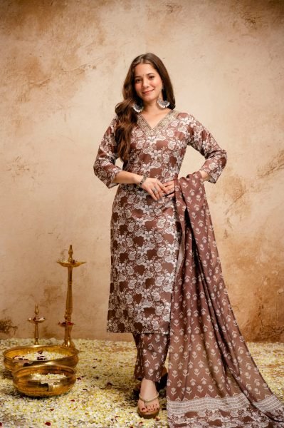 Transformative Brown Summer Special Magic Cotton Kurti Pant Dupatta Set   Straight Cut Long Kurtis