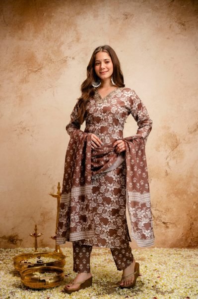 Transformative Brown Summer Special Magic Cotton Kurti Pant Dupatta Set   Straight Cut Long Kurtis