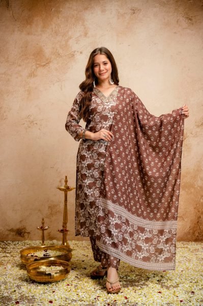 Transformative Brown Summer Special Magic Cotton Kurti Pant Dupatta Set   Straight Cut Long Kurtis