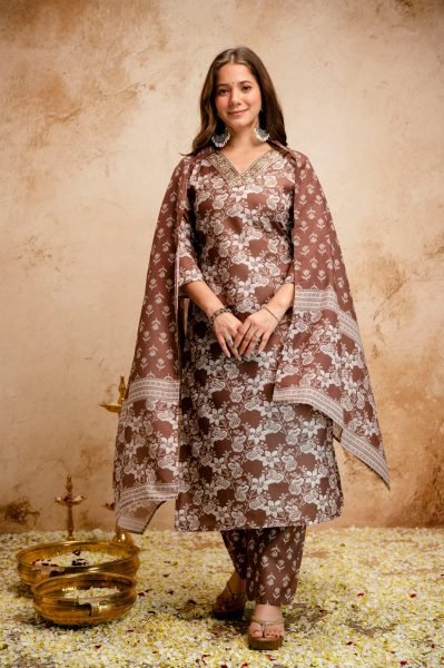 Transformative Brown Summer Special Magic Cotton Kurti Pant Dupatta Set   Straight Cut Long Kurtis