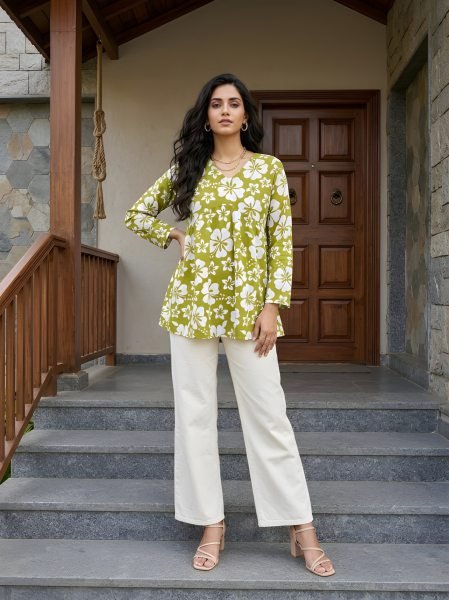 Transformative Green Women V Neck Printed Tunic Top for The Office Wear  Tunics kurti