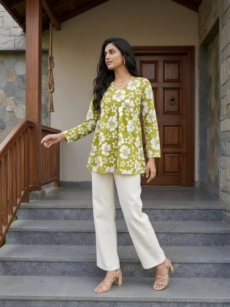 Transformative Green Women V Neck Printed Tunic Top for The Office Wear  Tunics kurti