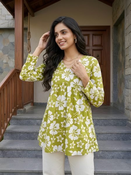 Transformative Green Women V Neck Printed Tunic Top for The Office Wear  Tunics kurti