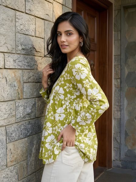 Transformative Green Women V Neck Printed Tunic Top for The Office Wear  Tunics kurti