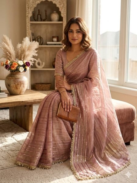 Transformative Mauve Tissue Silk Saree with Ribbon Work and Fancy Lace Border  