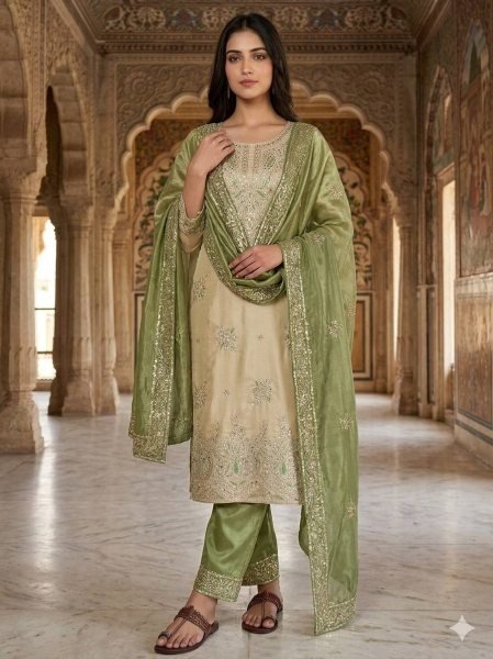 Transformative Mint Green GMY Silk Top Bottom Dupatta Set at Wholesale Rate Ready To Wear Collection