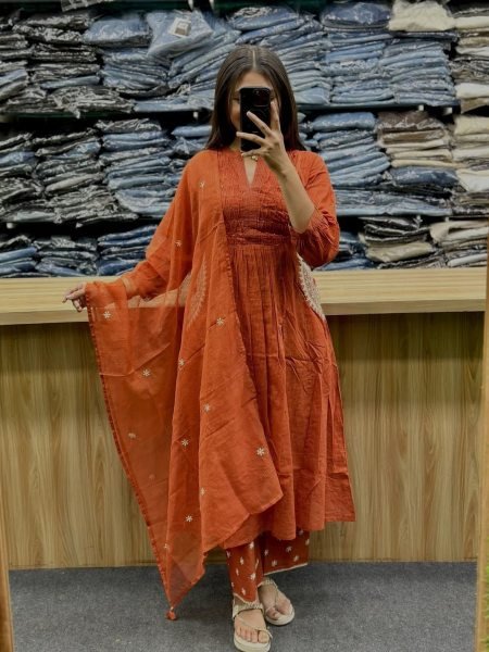 Transformative Orange Premium Pure Cotton 3 Piece Suit Set with Handwork Neck Kurtis