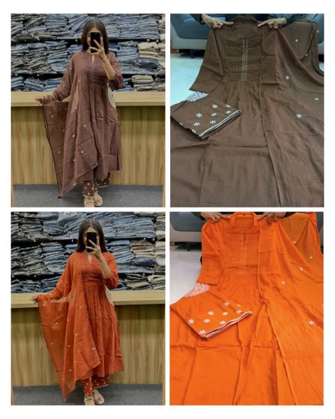 Transformative Orange Premium Pure Cotton 3 Piece Suit Set with Handwork Neck Cotton Kurtis Wholesale