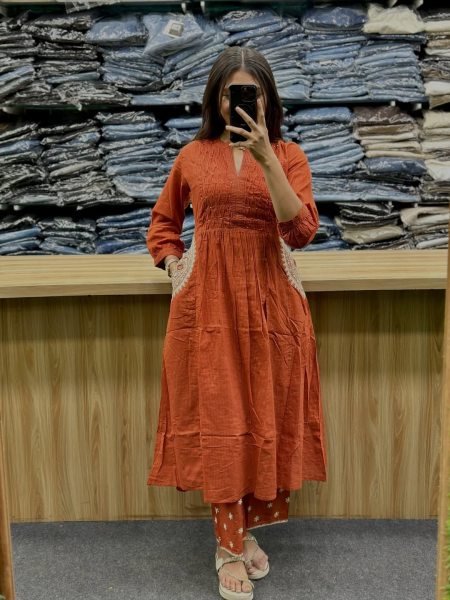 Transformative Orange Premium Pure Cotton 3 Piece Suit Set with Handwork Neck Cotton Kurtis Wholesale