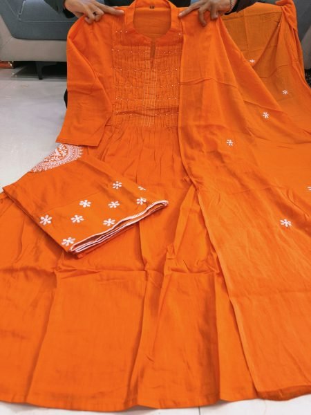 Transformative Orange Premium Pure Cotton 3 Piece Suit Set with Handwork Neck Cotton Kurtis Wholesale