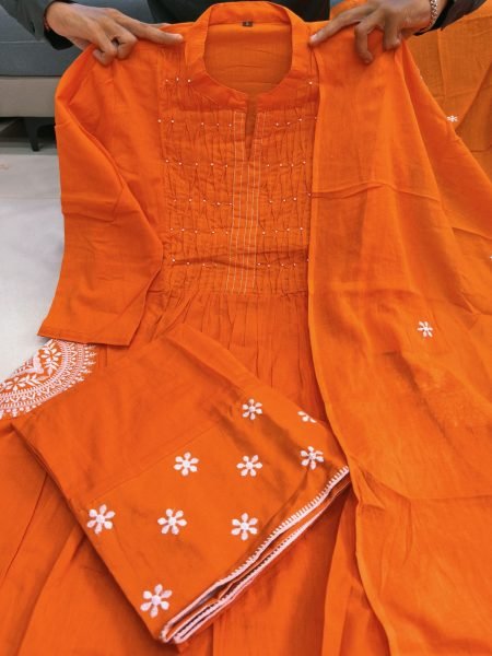 Transformative Orange Premium Pure Cotton 3 Piece Suit Set with Handwork Neck Cotton Kurtis Wholesale