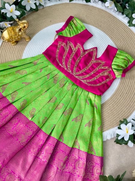 Transformative Parrot Green Silk Frock Design for Wedding and Party Wear Girls Wear