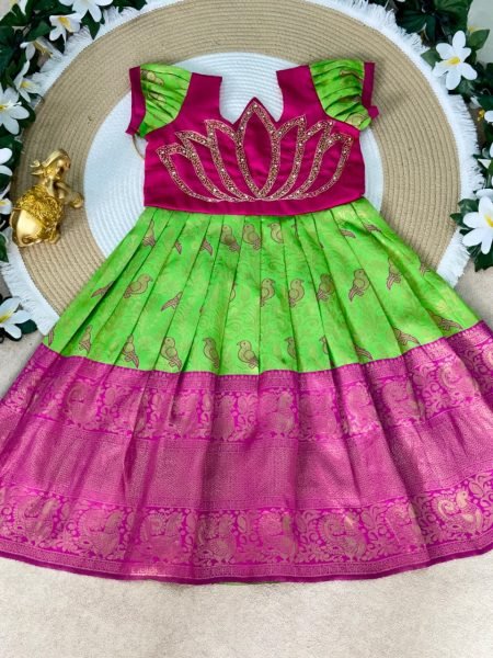 Transformative Parrot Green Silk Frock Design for Wedding and Party Wear Girls Wear