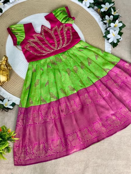 Transformative Parrot Green Silk Frock Design for Wedding and Party Wear Girls Wear