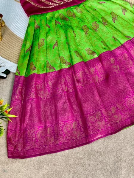 Transformative Parrot Green Silk Frock Design for Wedding and Party Wear Girls Wear