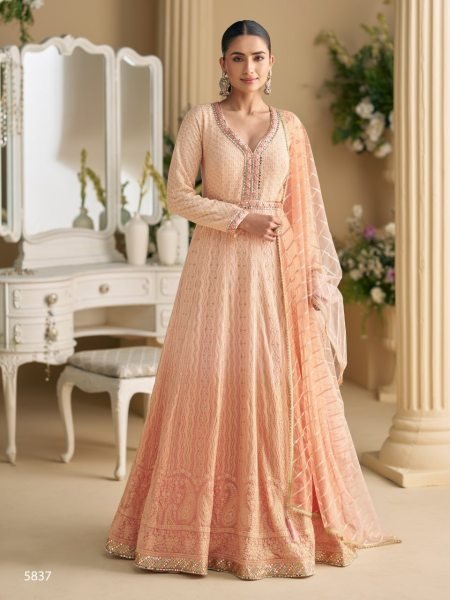Transformative Peach Embroidered Full-Length Anarkali Gown Set  Anarakali Gown Wholesale