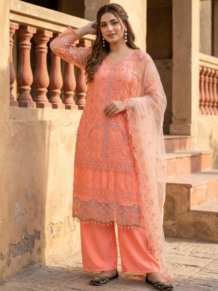 Transformative Peach Heavy Soft Net Embroidered Kurti Palazzo Set with Pearl Hand Work 