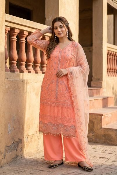 Transformative Peach Heavy Soft Net Embroidered Kurti Palazzo Set with Pearl Hand Work Ready To Wear Collection