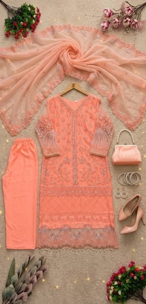 Transformative Peach Heavy Soft Net Embroidered Kurti Palazzo Set with Pearl Hand Work Ready To Wear Collection