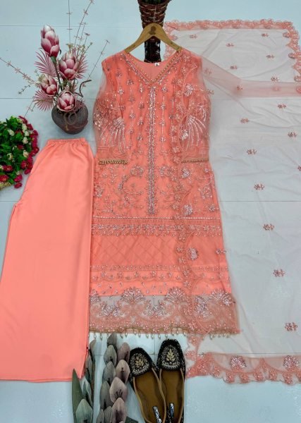 Transformative Peach Heavy Soft Net Embroidered Kurti Palazzo Set with Pearl Hand Work Ready To Wear Collection