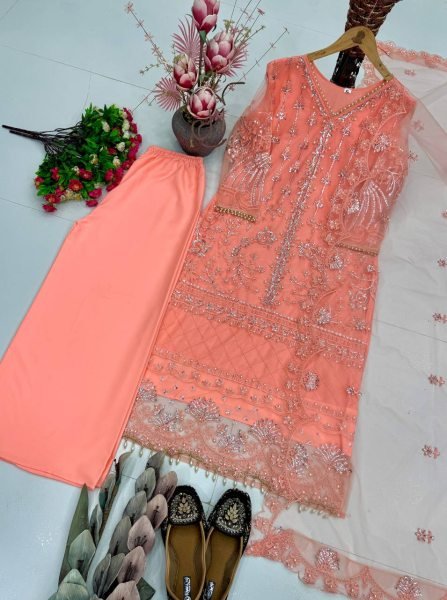 Transformative Peach Heavy Soft Net Embroidered Kurti Palazzo Set with Pearl Hand Work Ready To Wear Collection