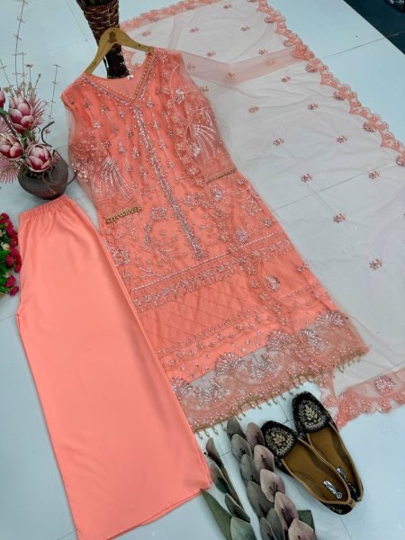 Transformative Peach Heavy Soft Net Embroidered Kurti Palazzo Set with Pearl Hand Work Ready To Wear Collection