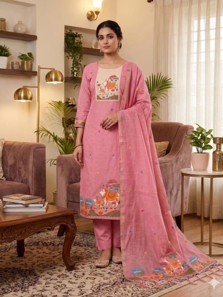 Transformative Pink Jamdani Pichwai Weaving Suit with Matching Dupatta for Festive Wear Dress Material 