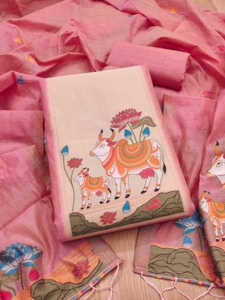 Transformative Pink Jamdani Pichwai Weaving Suit with Matching Dupatta for Festive Wear Color Set Matching Dress Material Wholesale
