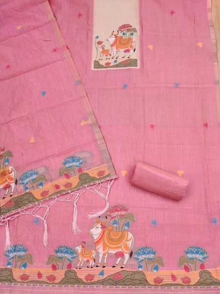 Transformative Pink Jamdani Pichwai Weaving Suit with Matching Dupatta for Festive Wear Color Set Matching Dress Material Wholesale