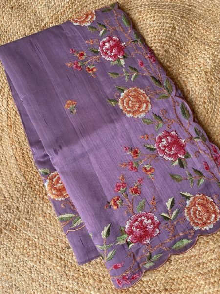 Transformative Purple Matka Silk Saree with Floral Embroidery and Scalloped Border Embroidery Sarees Wholesale