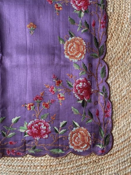 Transformative Purple Matka Silk Saree with Floral Embroidery and Scalloped Border Embroidery Sarees Wholesale