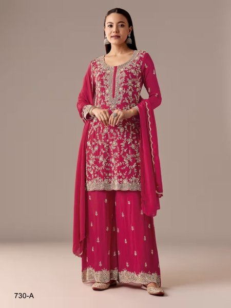 Transformative Rani Pink Heavy Blooming Georgette Silk Suit Set with Sequin Embroidery Work Designer Plazzo Salwar Suits Wholesale