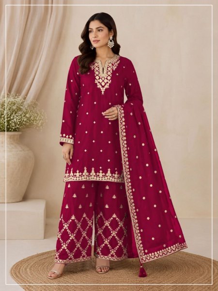Transformative Red Heavy Chinon Embroidered Kurti Palazzo with Heavy Chinon Silk Dupatta 