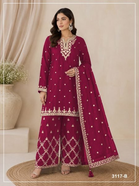 Transformative Red Heavy Chinon Embroidered Kurti Palazzo with Heavy Chinon Silk Dupatta Designer Plazzo Salwar Suits Wholesale