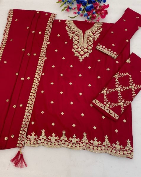 Transformative Red Heavy Chinon Embroidered Kurti Palazzo with Heavy Chinon Silk Dupatta Designer Plazzo Salwar Suits Wholesale