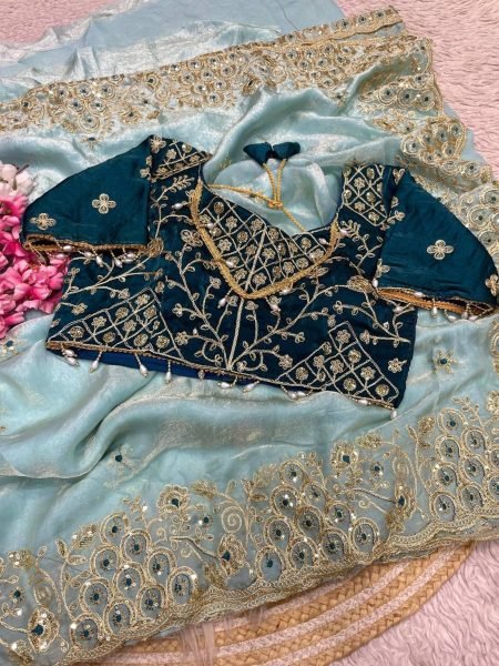 Transformative Sky Blue Fendy Satin Silk Saree with Designer Embroidered Blouse 