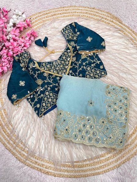 Transformative Sky Blue Fendy Satin Silk Saree with Designer Embroidered Blouse Silk Sarees Wholesale