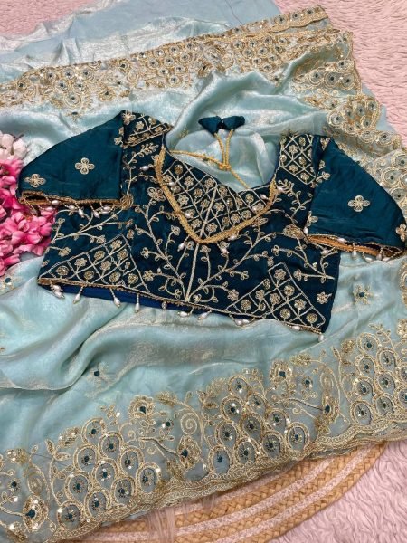 Transformative Sky Blue Fendy Satin Silk Saree with Designer Embroidered Blouse Silk Sarees Wholesale