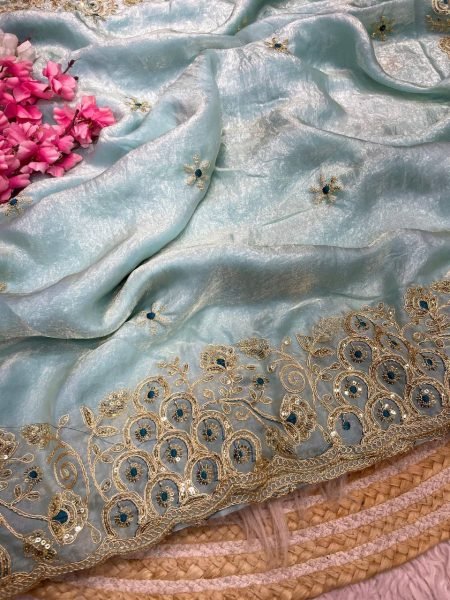 Transformative Sky Blue Fendy Satin Silk Saree with Designer Embroidered Blouse Silk Sarees Wholesale