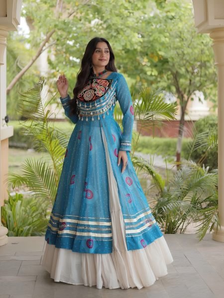 Transformative Sky Blue Full Stitched Kora Cotton Lehenga with 12 Meter Heavy Flair  Lehenga